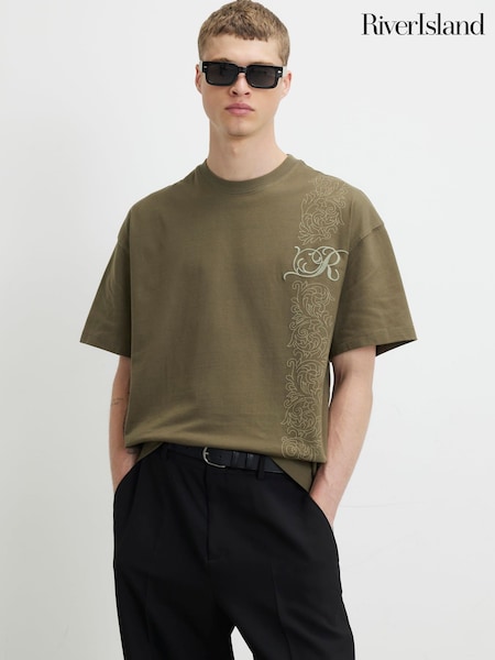 Khaki Green - Regular River Island Oversized Floral T-shirt