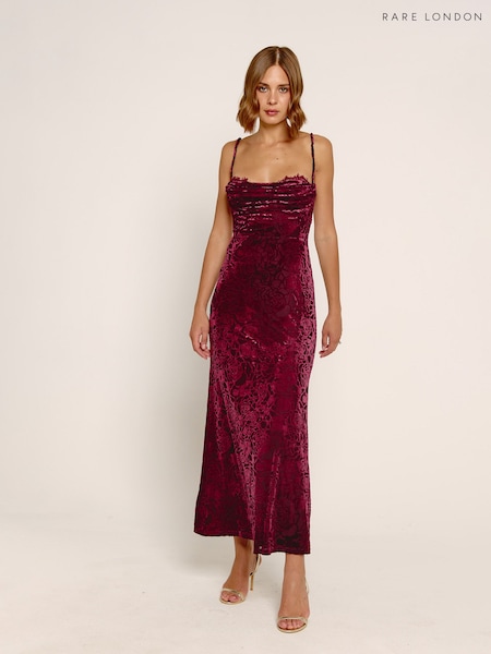 Red - Rare London Burnout Flower Mesh Maxi Dress