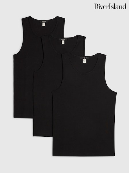 Black - Regular River Island Muscle Rib Vests 3 Pack
