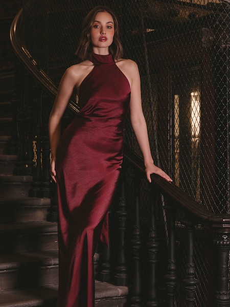 Red - Rare London Halter Neck Satin Maxi Dress