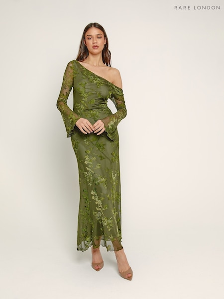 Green - Rare London Fallen Shoulder Burnout Maxi Dress