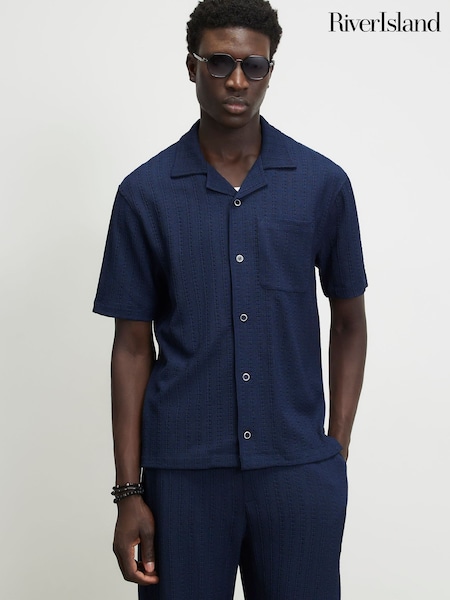 Blue - Regular River Island Regular Fit Textured Revere Shirt