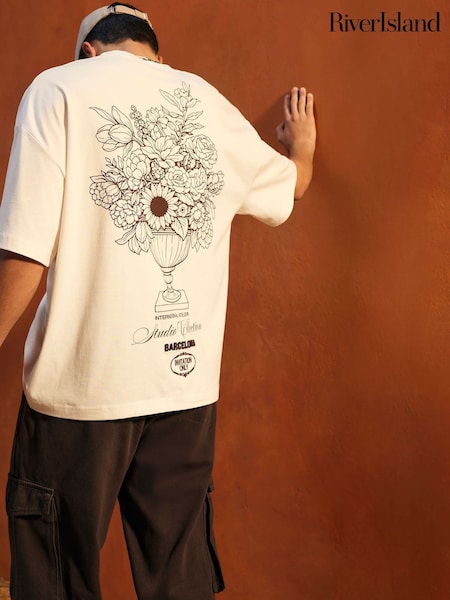 White - Regular River Island Oversized Graphic Floral Vase T-shirt