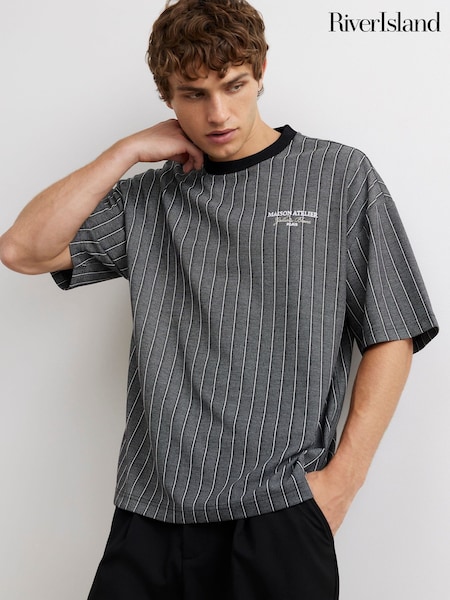 Svart - Regular River Island Oversized Boxy Fit Stripe Maison T-shirt
