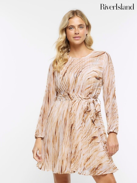 River Island Brown Plisse Tied Mini Dress (532882) | €21
