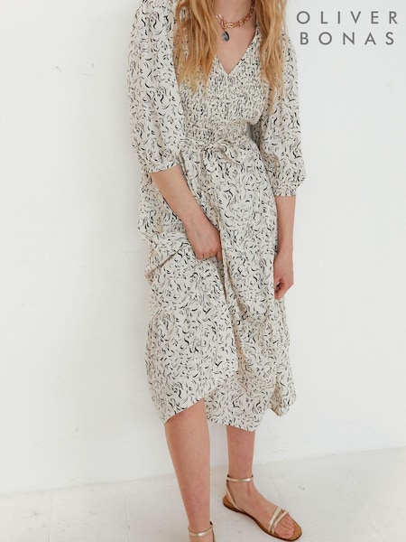 Oliver Bonas Swirly Print Metallic Stripe Midi White Dress (532922) | €57