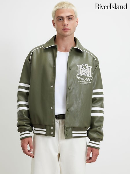 Green - Regular River Island Washed Varsity Jacket