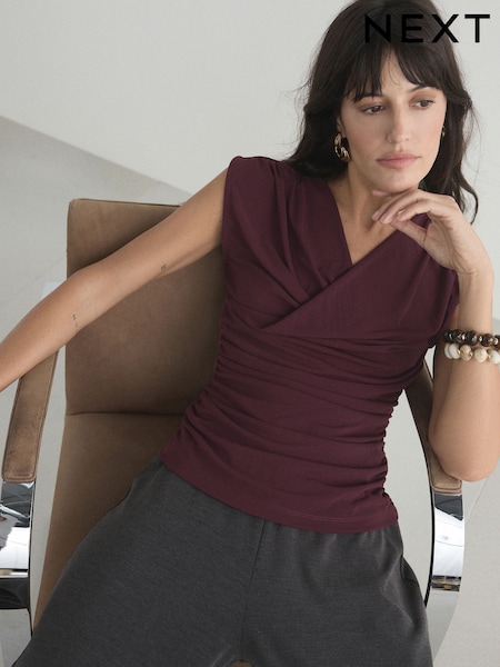 Wine - V-neck Drape Short Sleeve Top