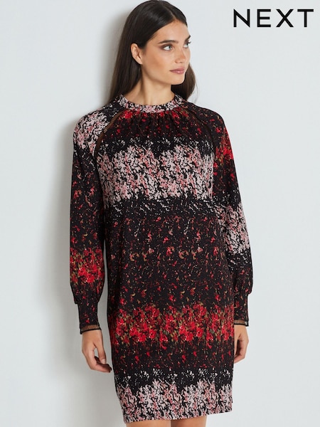 Schwarz/Rot gemustert - Long Sleeve Ladder Detail Mini Dress (533981) | 20 €