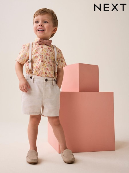 Pink/Cremeweiß geblümt - Shirt Shorts 100% Cotton Braces and Bow Tie Set (3mths-9yrs) (534193) | 8 € - 9 €