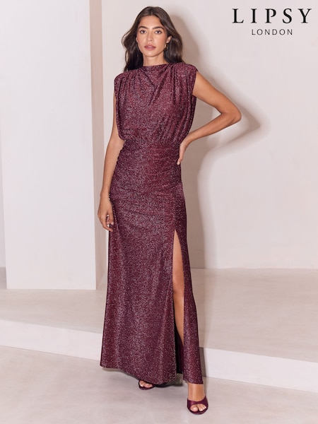 Burgundy Red - Lipsy Slinky Glitter Ruched Waist Maxi Dress