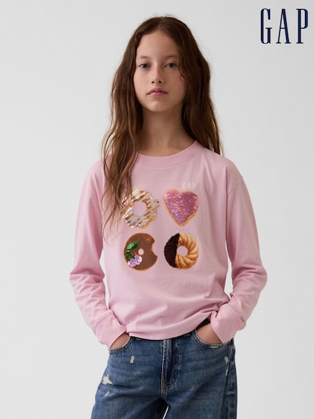 Rozā cepumi - Gap Oversized Flip-sequin Graphic T-shirt (4-13yrs)