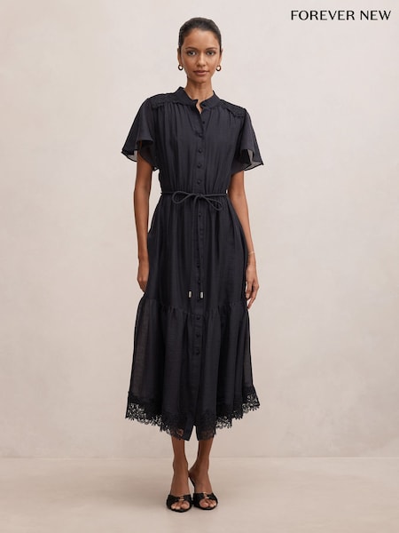 Blau - Forever New Harriet Petite Lace Midi Kleid mit Leinenanteil