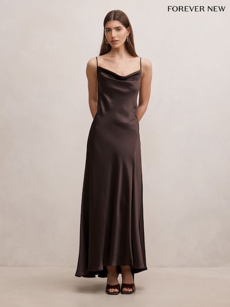 Brown - Forever New Tilesha Satin Cowl Neck Slip Maxi Dress