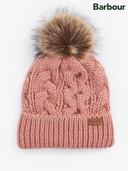 Barbour® Pink Penshaw Cable Knit Faux Fur Pom Beanie Logo Hat (535441) | €23