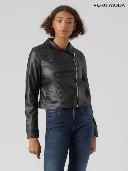 VERO MODA Black Cropped Faux Leather Biker Jacket (535706) | €23