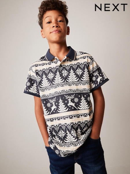Navy Blue Fairisle Short Sleeve All Over Print Polo Shirt (3-16yrs) (535804) | €9 - €13