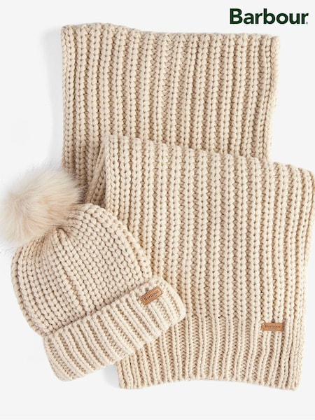 Barbour® Natural Saltburn Cable Knit Pom Beanie Hat and Scarf Boxed Gift Set (535859) | €46