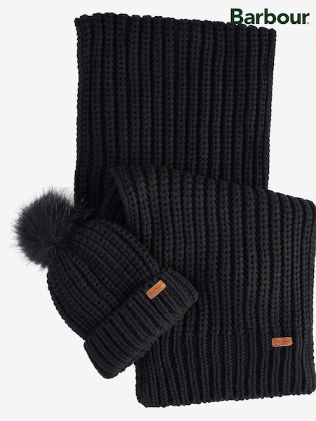 Barbour® Black Saltburn Cable Knit Pom Beanie Hat and Scarf Boxed Gift Set (535909) | €36