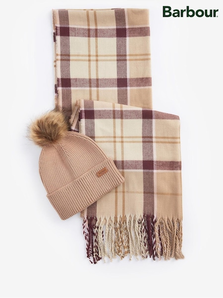 Barbour® Natural Dover Pom Beanie And Hailes Check Scarf Boxed Gift Set (535933) | €34
