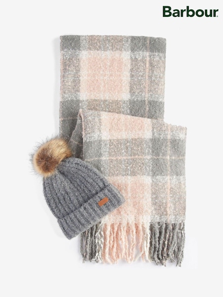 Barbour® Grey Saltburn Knit Beanie Hat and Chunky Tartan Scarf Boxed Gift Set (535957) | €42