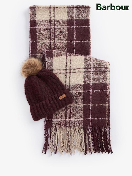 Barbour® Burgundy Red Saltburn Knit Beanie Hat and Chunky Tartan Scarf Boxed Gift Set (535961) | €42