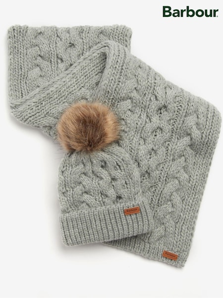 Barbour® Grey Penshaw Cable Knit Beanie Hat and Scarf Boxed Gift Set (536035) | €42