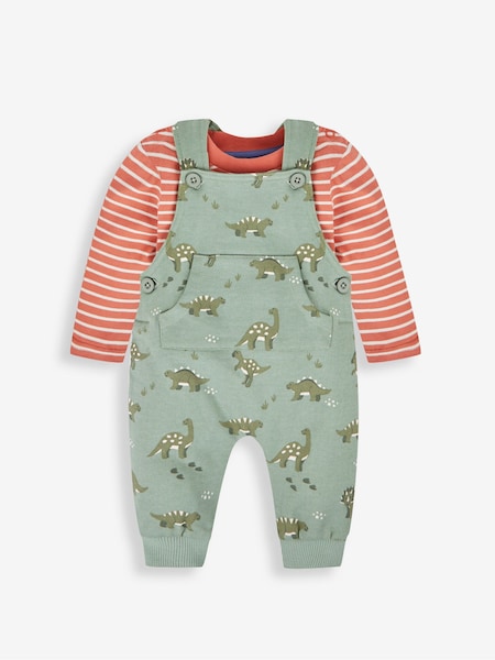 JoJo Maman Bébé Khaki Green Dino Dungarees & Stripe Top Set (536368) | AED154
