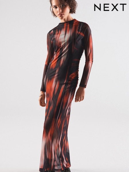 Red and Black Smudge Print Long Sleeve Mesh Midi Dress (536504) | €23