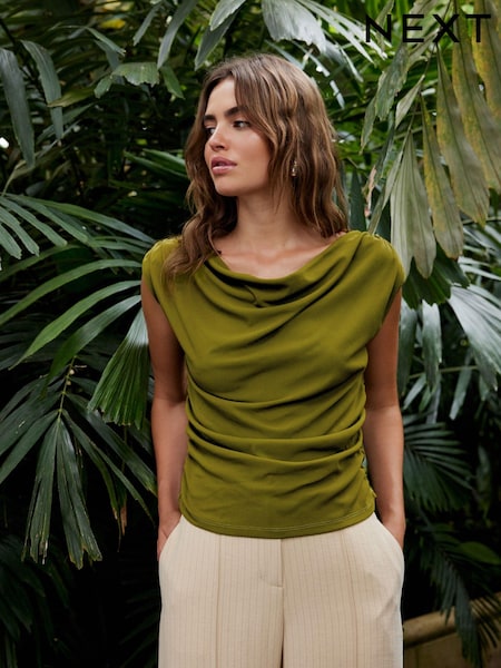 Olive Green Sleeveless Drape Top (537450) | AED76