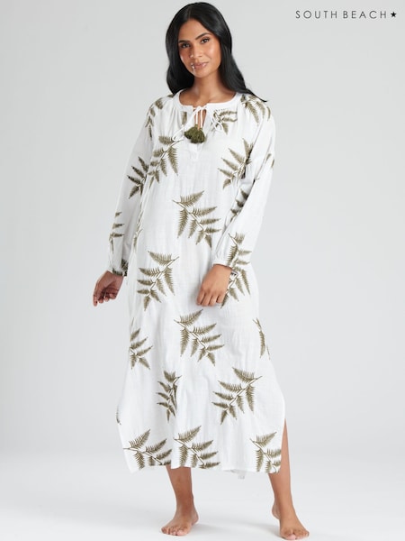 South Beach Longsleeve Tie Neck Beach Dress with Leaf Embroidery (537632) | €18
