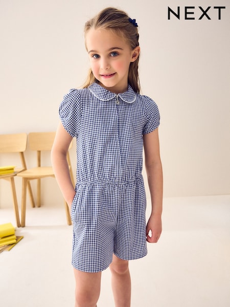 Navy Zip Front Cotton Rich Gingham School Playsuit (3-14yrs) (538221) | AED41 - AED66