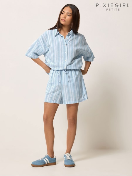 Blue - Pixiegirl Petite Stripe Cotton Shirt & Shorts Set