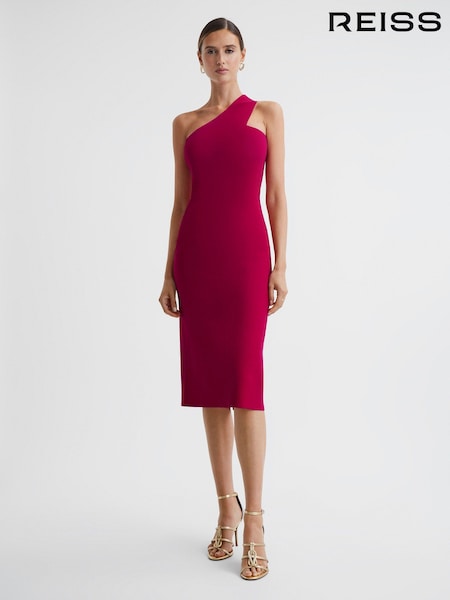 Reiss Pink Lola Knitted One Shoulder Bodycon Midi Dress (538411) | AED1,138