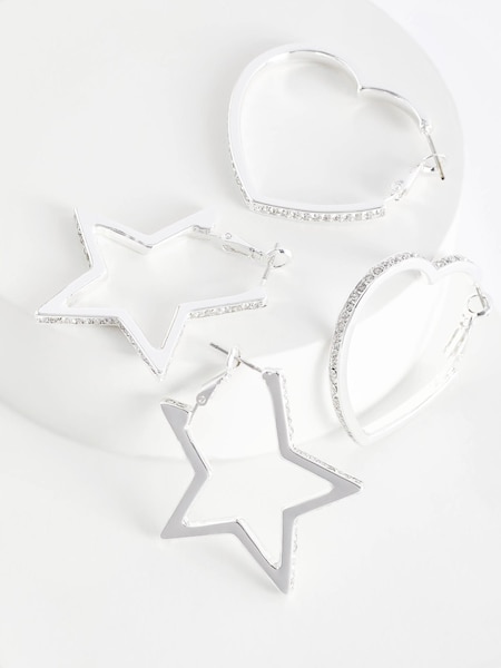 Lipsy Jewellery Silver Tone Large Crystal Heart And Star Hoops Earrings Packs of 2 (539340) | €15