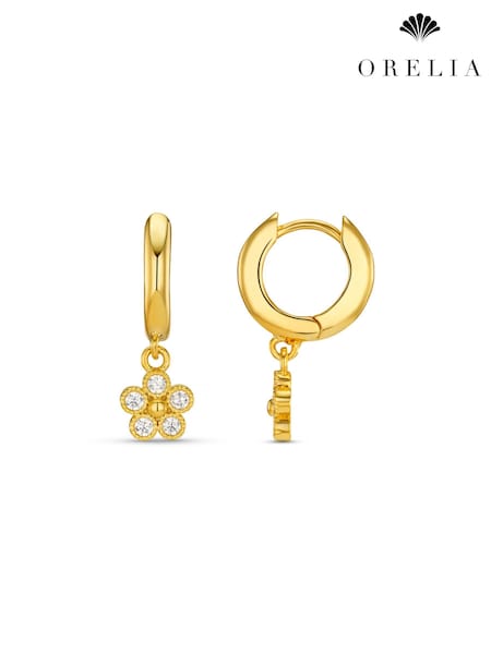 Gold Tone - Orelia London Crystal Flower Drop Huggie Hoop Earrings
