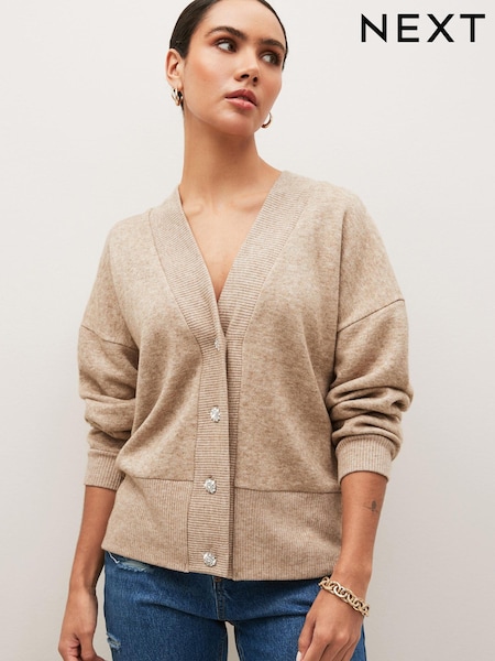 Neutral Cosy Soft Touch Diamanté Button Detail Cardigan (540616) | €17.50