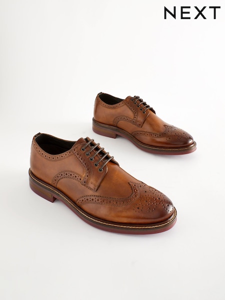 Tan Brown Standard Fit Leather Contrast Sole Chunky Brogues Shoes (541296) | $164