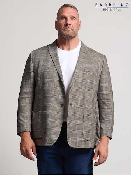 Grey - Regular Badrhino Big & Tall Heritage Check Blazer
