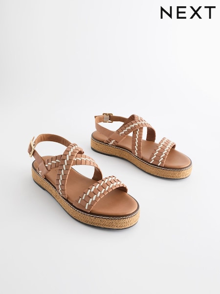 Tan Brown Forever Comfort® Weave Leather Espadrille Flatform Sandals (542026) | €17