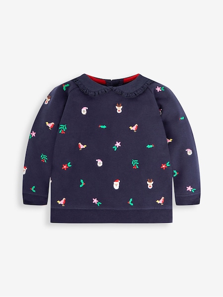 JoJo Maman Bébé Navy Girls' Christmas Embroidered Sweatshirt With Collar (542695) | 119 QAR