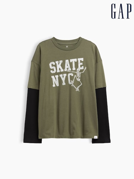 Vihreä/Musta - Gap Relaxed Graphic Long Sleeve T-shirt (4-13yrs)
