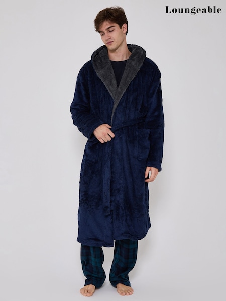 Bleu - Regular Loungeable Contrast Collar Sherpa Hooded Dressing Gown