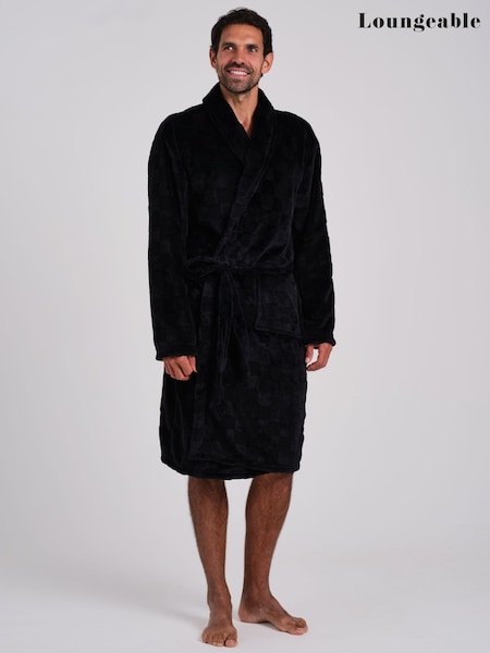 Black - Regular Loungeable Checkerboard Super Soft Fleece Shawl Collar Dressing Gown