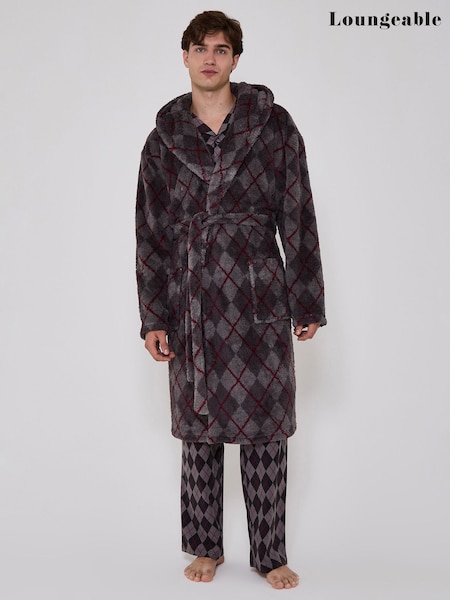 Grey - Loungeable Argyle Cosy Borg Fleece Hooded Dressing Gown
