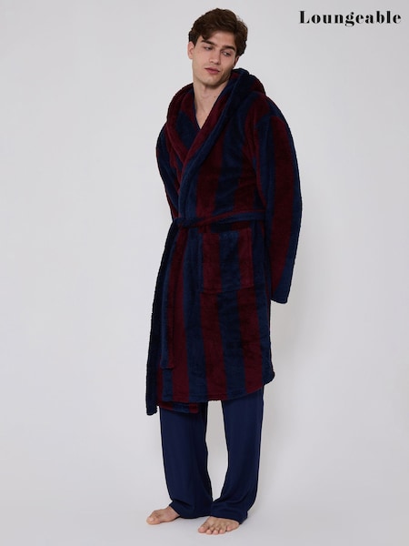 Blå - Regular Loungeable Stripe Cosy Borg Fleece Hooded Dressing Gown