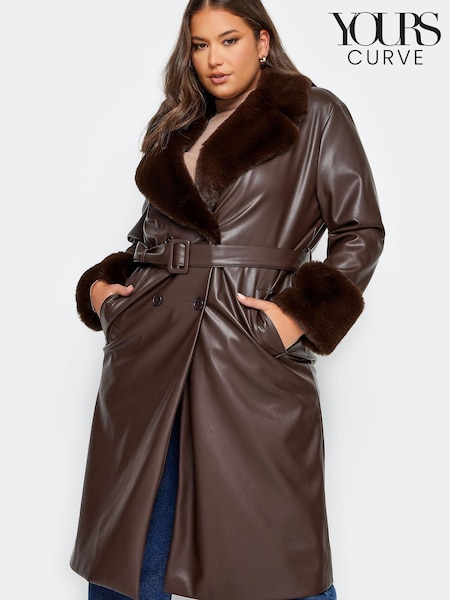 Yours Curve Brown PU Faux Fur Trim Trench Coat (545067) | €51