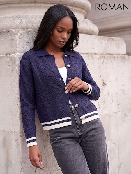 Blue - Roman Cable Collar Cardigan