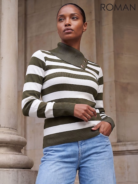 Green - Roman Button Stripe Knit Jumper