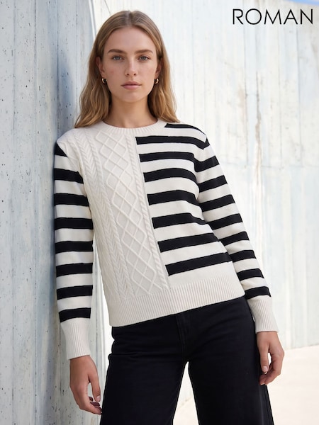 White - Roman Cable Stripe Knit Jumper
